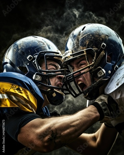 AI generated illustration of the epic helmet clash of linemen of an American football game