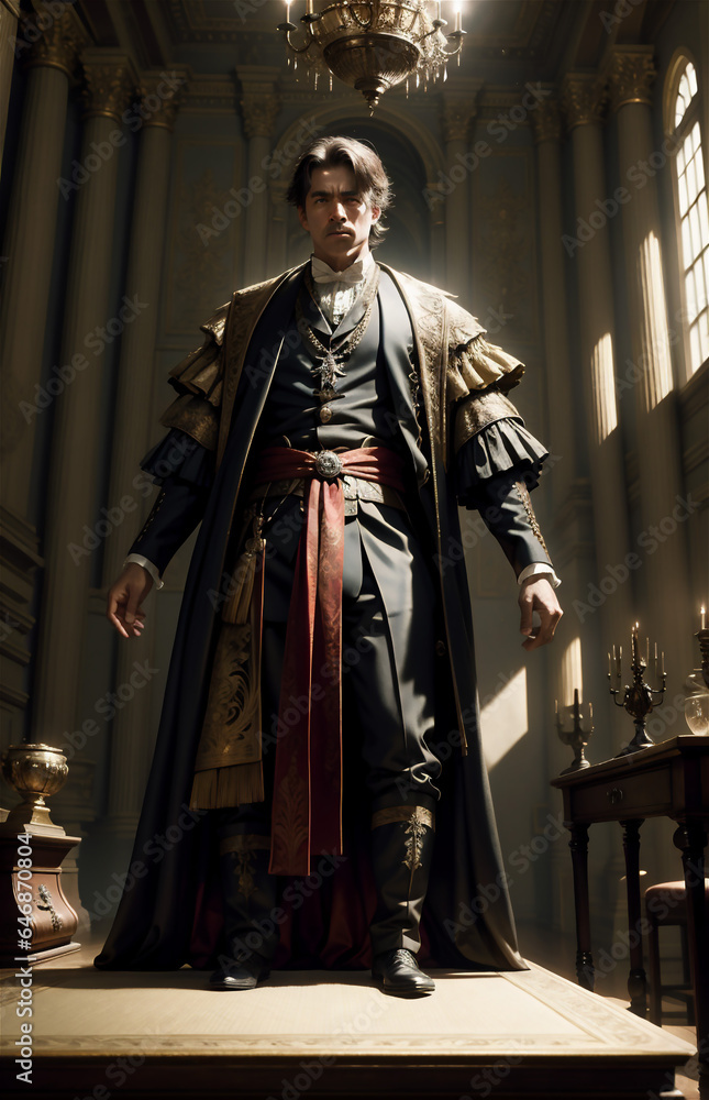 Naklejka premium Tales of knights. A handsome noble medieval knight in armor stands in a castle