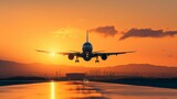 AI generated illustration of an airplane landing on a runway at sunset
