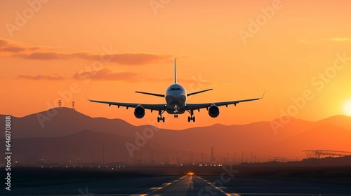 AI generated illustration of an airplane landing on a runway at sunset