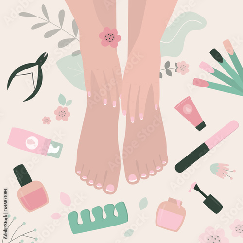 Woman hands and foots beauty care procedure surrounded by cosmetology tools. Hygiene spa relax process. Spa procedures, pedicure and manicure, top view. Nail and body care.