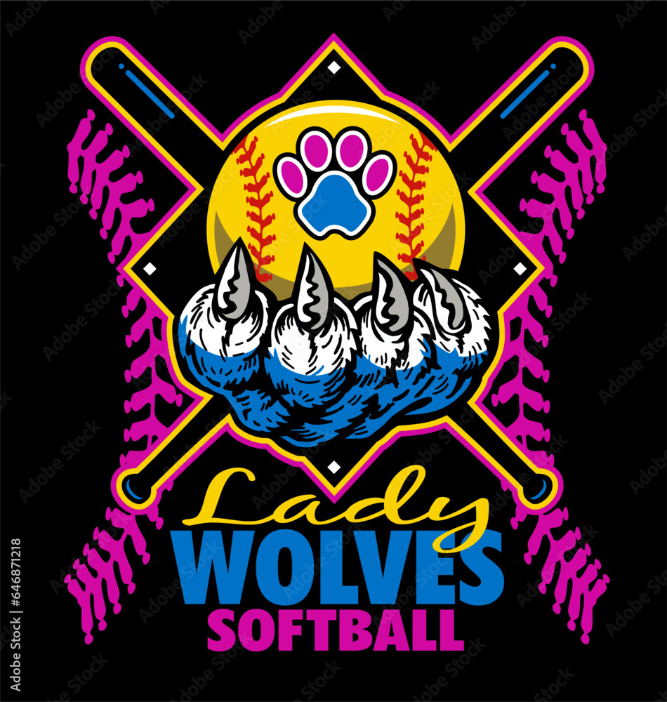 lady wolves softball team diamond design with claw holding ball for school, college or league sports