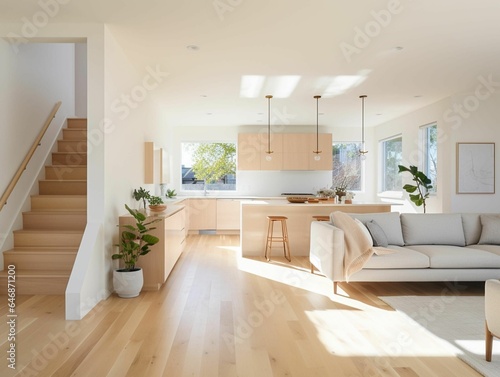 A cozy living room with a wooden floor and expansive window offering a view of the kitchen