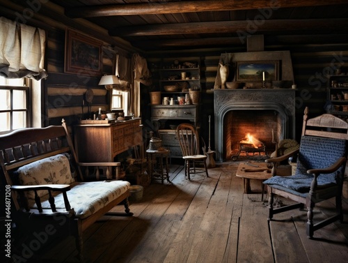an old fashioned living room is shown with furniture and a fire place