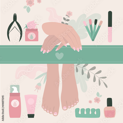 Woman hands and foots beauty care procedure surrounded by cosmetology tools. Hygiene spa relax process. Spa procedures, pedicure and manicure, top view. Nail and body care.