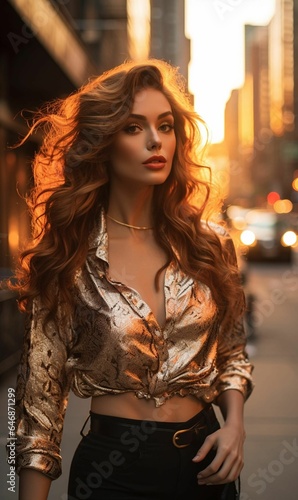 a woman with red hair in the city street at sunset © Strumpy/Wirestock Creators