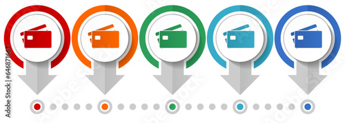Credit card, bank, finance vector icon set, flat design infographic template, set pointer concept icons in 5 color options for webdesign and mobile applications