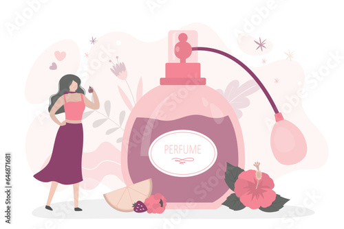 Perfume fragrances shop. Beauty woman customer select natural oils essence, toilet water spray. Aromatic perfume, deodorant. Luxury beauty cosmetics perfumery store.