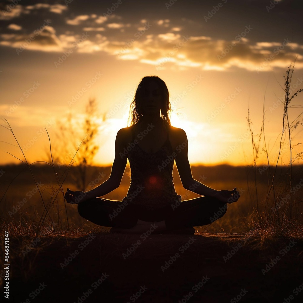 AI generated illustration of a woman sitting in a lotus position, meditating at sunset