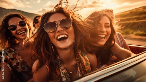 Female friends joyfully experience a vintage car ride. Ai generated