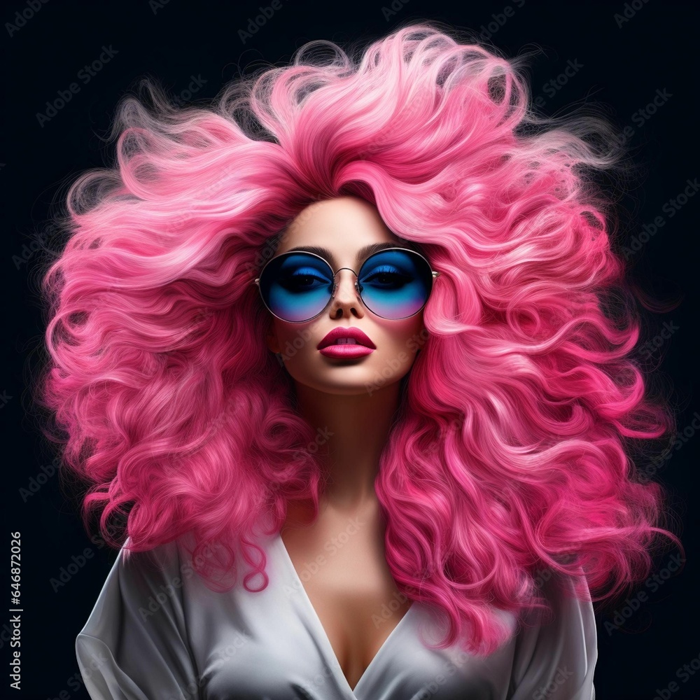 Fototapeta premium AI generated illustration of a fashionable woman with pink curly hair, wearing sunglasses