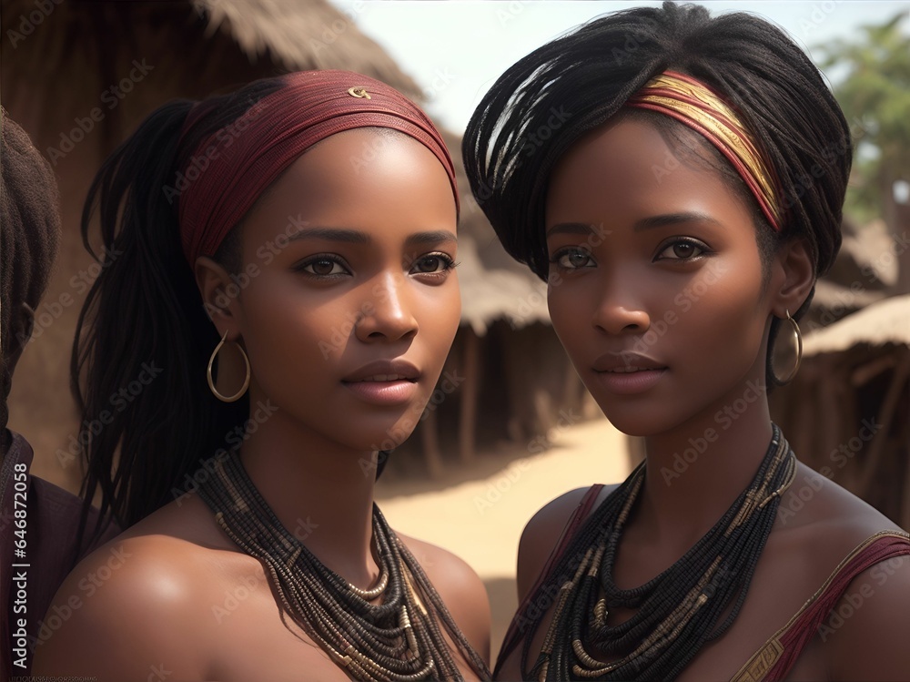 Two African women from a rural village stand together wearing Two African women from a rural village stand together wearing