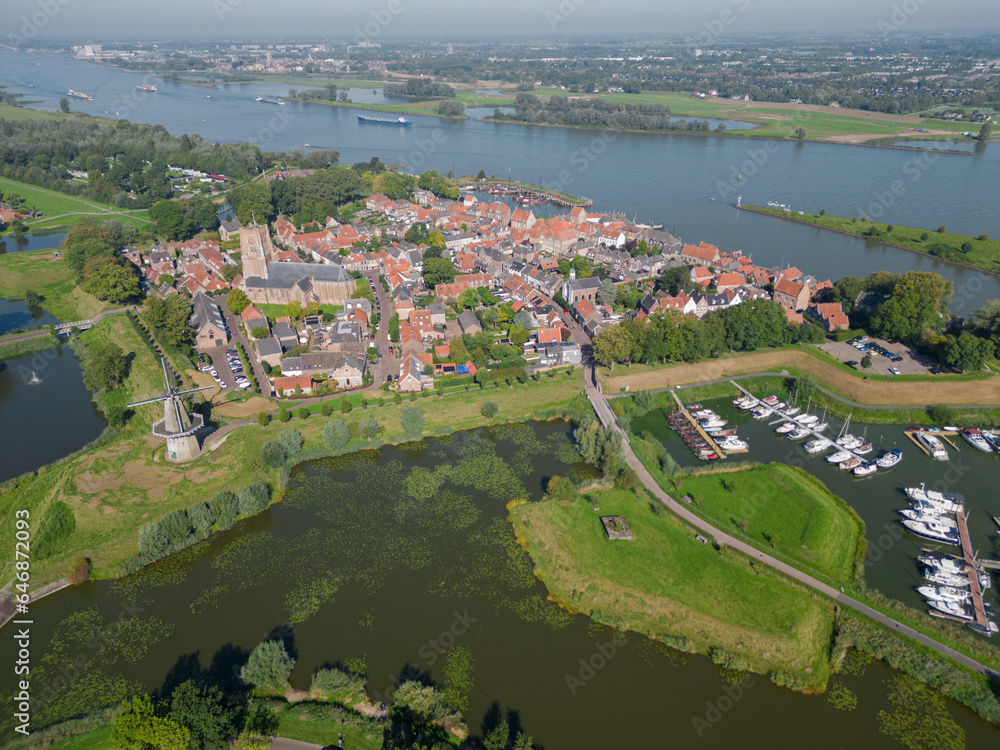 Aerial from the historical city Woudrichem at the river Merwede in the Netherlands