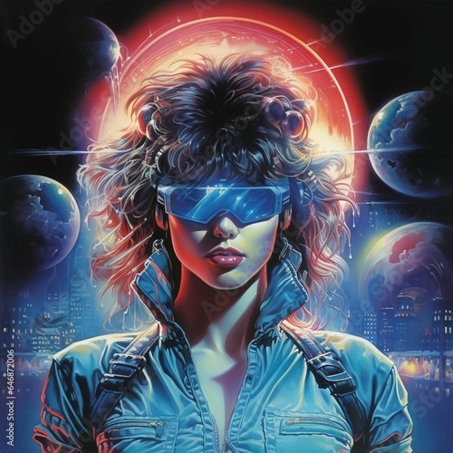 AI generated illustration of a poster of a young woman in a futuristic suit