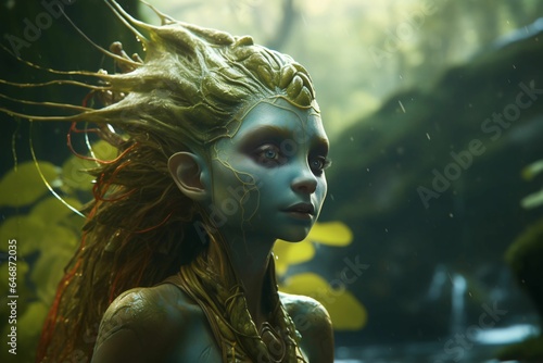 AI generated illustration of a female fairy in a green forest