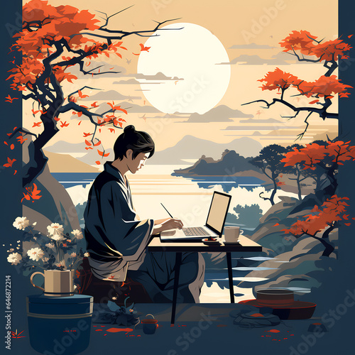 In a beautifully crafted Korean - inspired design, a vector illustration depicts a man diligently working, effortlessly blending elements of Korean aesthetics with a contemporary work setting