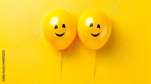 Yellow Balloons with Happy Face on yellow background. International day of happiness and World Smile day concept.
