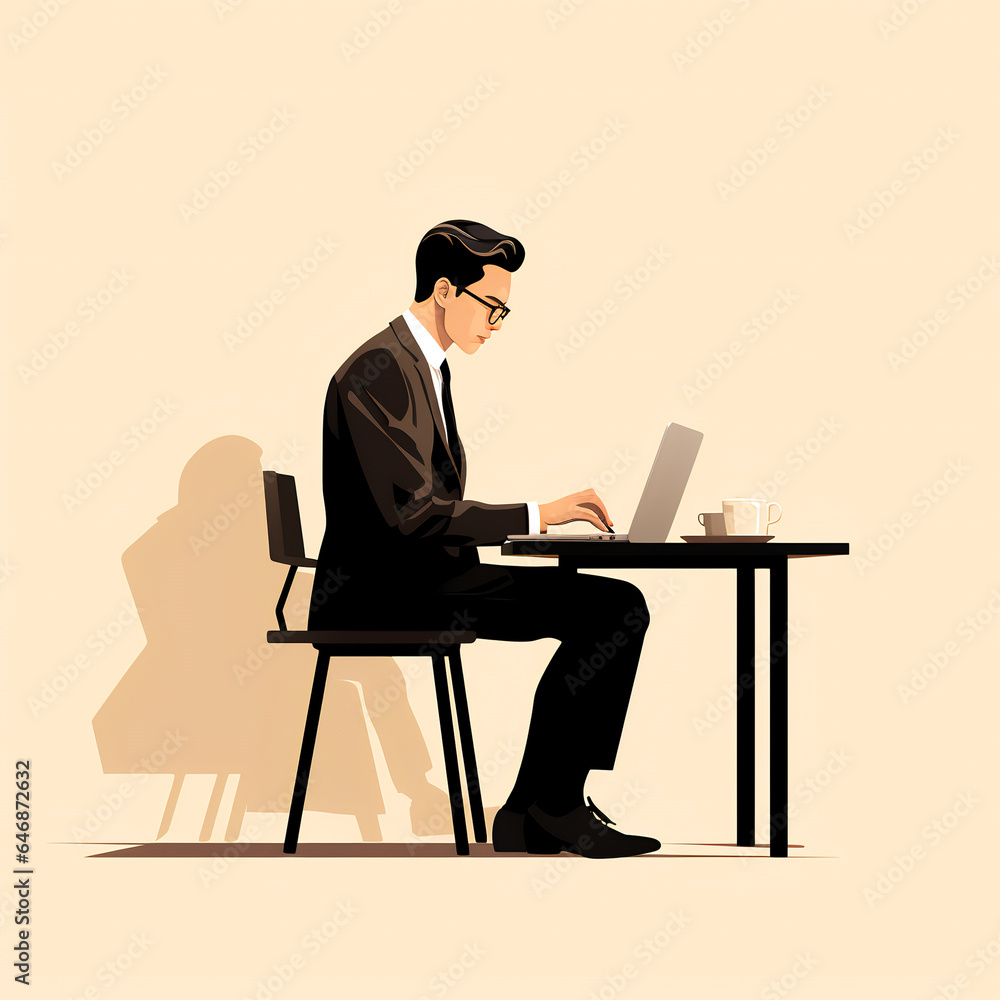 In a minimalist Korean design, a vector illustration depicts a man diligently working In a minimalist Korean design, a vector illustration depicts a man diligently working