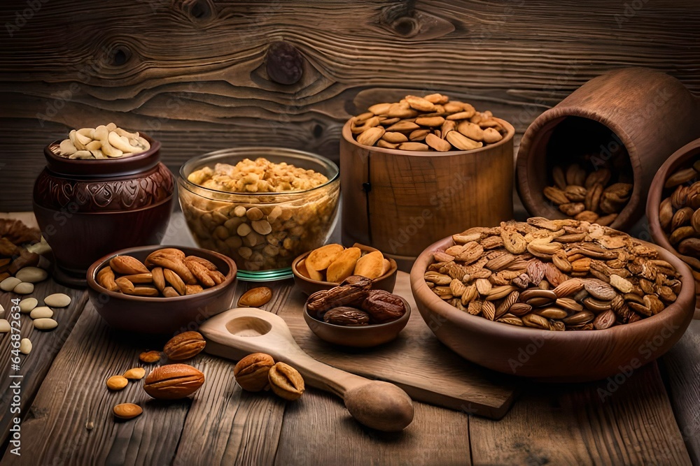 Fototapeta premium dry fruits on wooden table