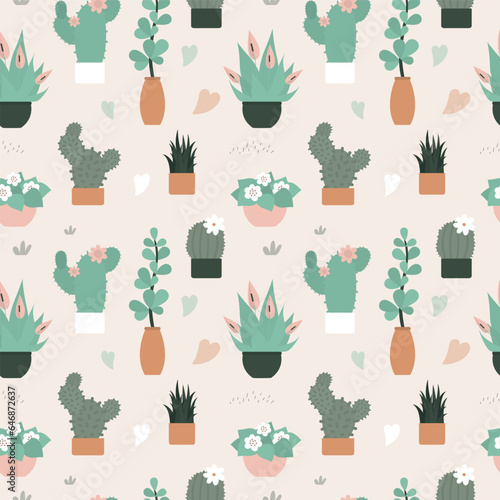 House plants seamless pattern. Trendy home decor with plants, texture template. Flowers in pots, house interior design. Green seamless tropical floral pattern. Repeat background.