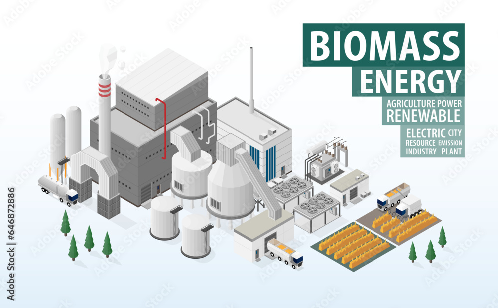biomass energy, biomass power plant in isometric graphic