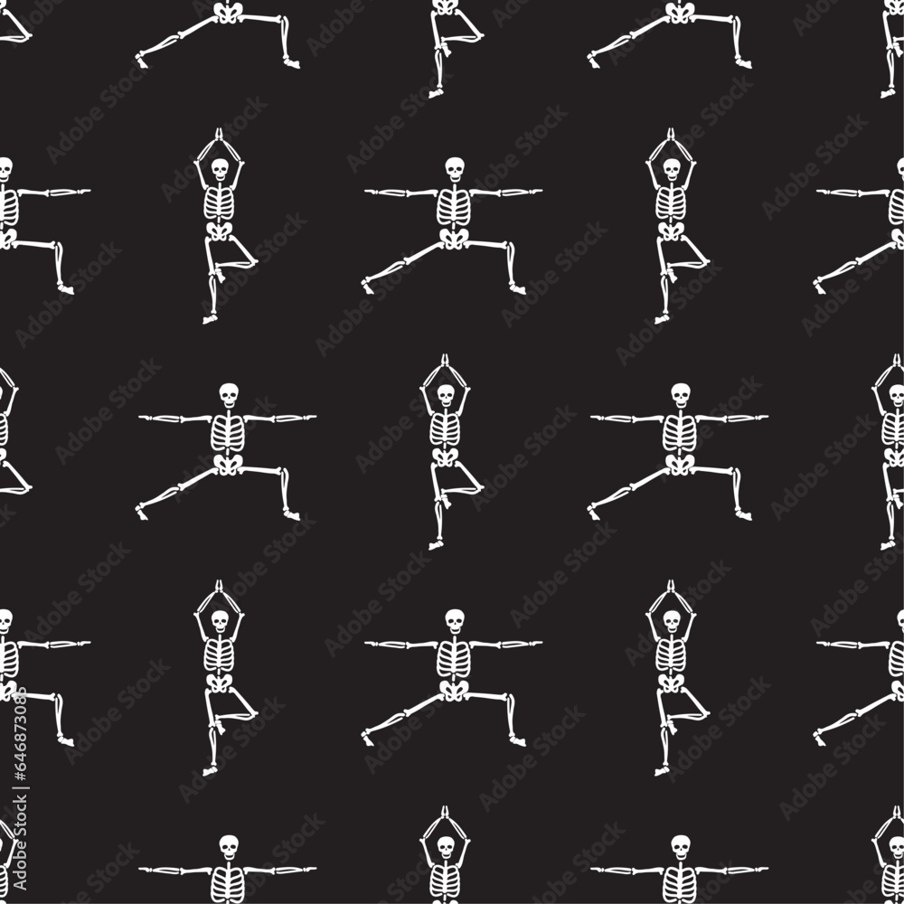 Skeletons in yoga pose, seamless pattern. Funny human skeletons in hatha yoga positions, texture banner template. Monochromatic design on black background. Skeletons in yoga pose, seamless pattern. Funny human skeletons in hatha yoga positions, texture banner template. Monochromatic design on black background.