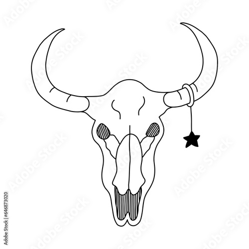 Simple doodle of bull skull with star earring on the horn with hand drawn outline. Portrait of cow scull head skeleton in front view. Sign of cowboy, western culture, cowgirl, native American, Texas.