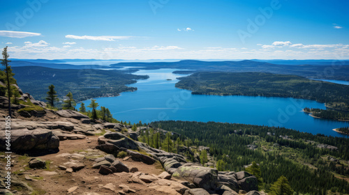 High mountain view of beautiful lake. Landscape view with sky and forest.