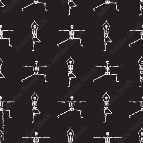 Skeletons in yoga pose, seamless pattern. Funny human skeletons in hatha yoga positions, texture banner template. Monochromatic design on black background.