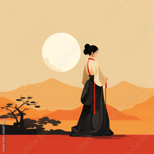 In a harmonious Korean design, a vector illustration portrays a woman engaged in her work. The image exudes a sense of grace and determination, with clean lines and subtle details that capture the ess