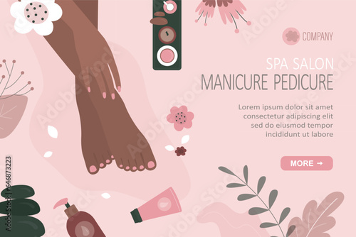 Woman hand and foot beauty care procedure surrounded by cosmetology tools. Hygiene spa relax process. Spa procedures, pedicure and manicure, top view. Landing page template.