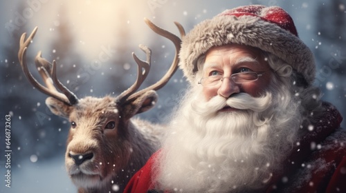 Photo of Santa Claus posing with a reindeer in a festive costume created with Generative AI technology