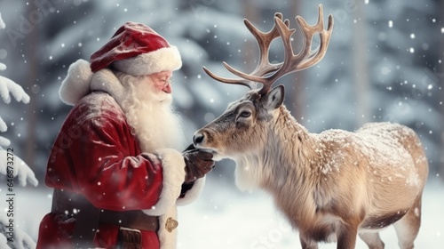 Photo of Santa Claus and a reindeer in a snowy landscape created with Generative AI technology