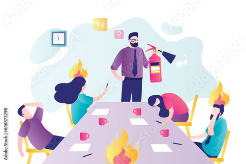 Employees work under constant stress, psychological pressure. Stressful team meeting, brainstorming. Office workers working at eadline.