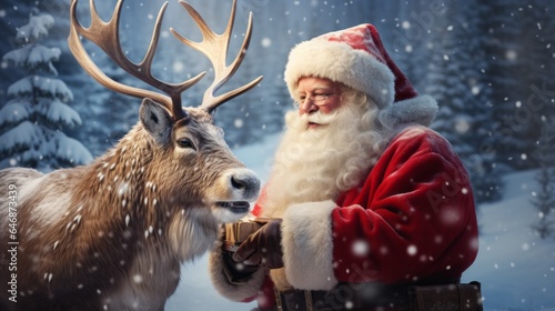 Photo of Santa Claus and a reindeer in a snowy landscape created with Generative AI technology