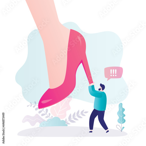 Female boss leg presses on man. Concept of manipulation and control over people. Henpecked. Man under female heel. Businessman confronts mental problems, stress.