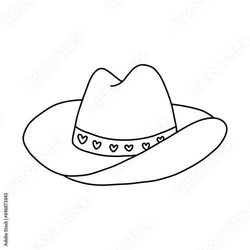 Cute hand drawn cowgirl hat doodle with outline. Sheriff girl hat with hearts in cowboy and cowgirl western theme. Simple colorful doodle for horse ranch and wild west style. Vector clipart