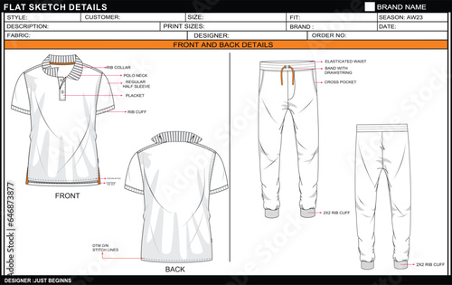 MEN BOYS POLO NECK T SHIRT WITH JOGGER SET DRESS FLAT SKETCH FASHION TEMPLATE TECHNICAL DRAWING ILLUSTRATION