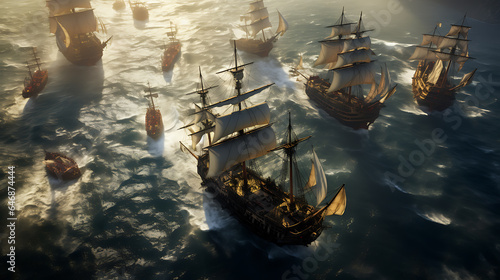 Aerial photography, group of ships pirates, Breathtaking, look for sky, ship on ocean, pirates, landscape