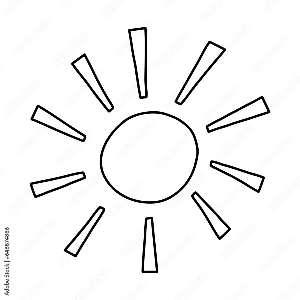 Cute hand drawn sun doodle with outline. Funny and trippy sunrise icon with shine ray in retro style of 60s, 70s. Sign of hot weather, sunlight, sunset. Trendy vector doodle isolated onbackground Cute hand drawn sun doodle with outline. Funny and trippy sunrise icon with shine ray in retro style of 60s, 70s. Sign of hot weather, sunlight, sunset. Trendy vector doodle isolated onbackground