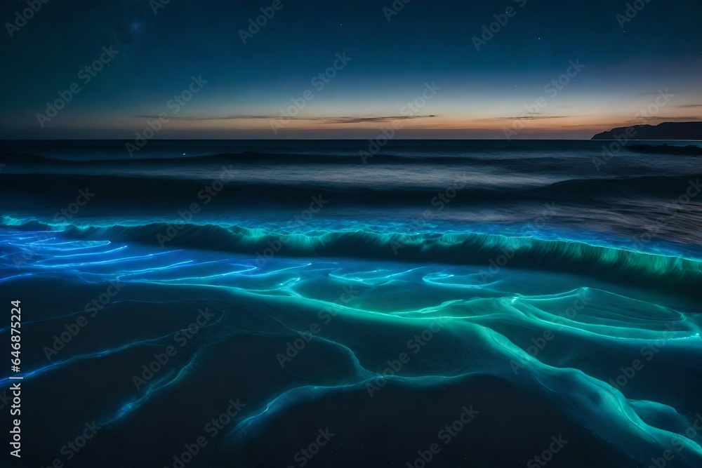 Breathtaking and surreal bioluminescent beach, with glowing waves under a starry sky - AI Generative