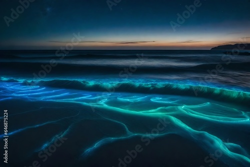 Breathtaking and surreal bioluminescent beach, with glowing waves under a starry sky - AI Generative © Being Imaginative