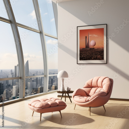 Modern living room with city landscape.