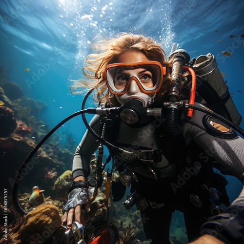 Skilled female diver gracefully explores the underwater world © YouraPechkin