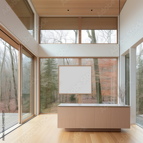 Modern entrance with big window, high ceiling with empty display and desk.