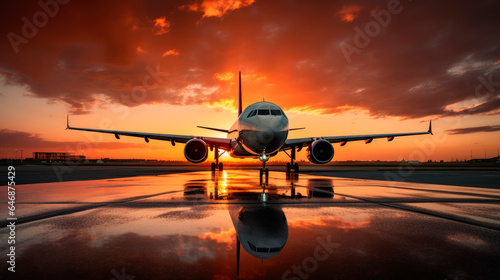 Airplane is ready to take off at the sunset