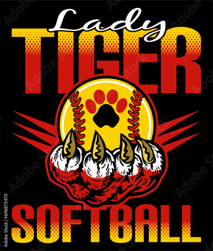 lady tiger softball team design with claw holding a ball for school, college or league sports