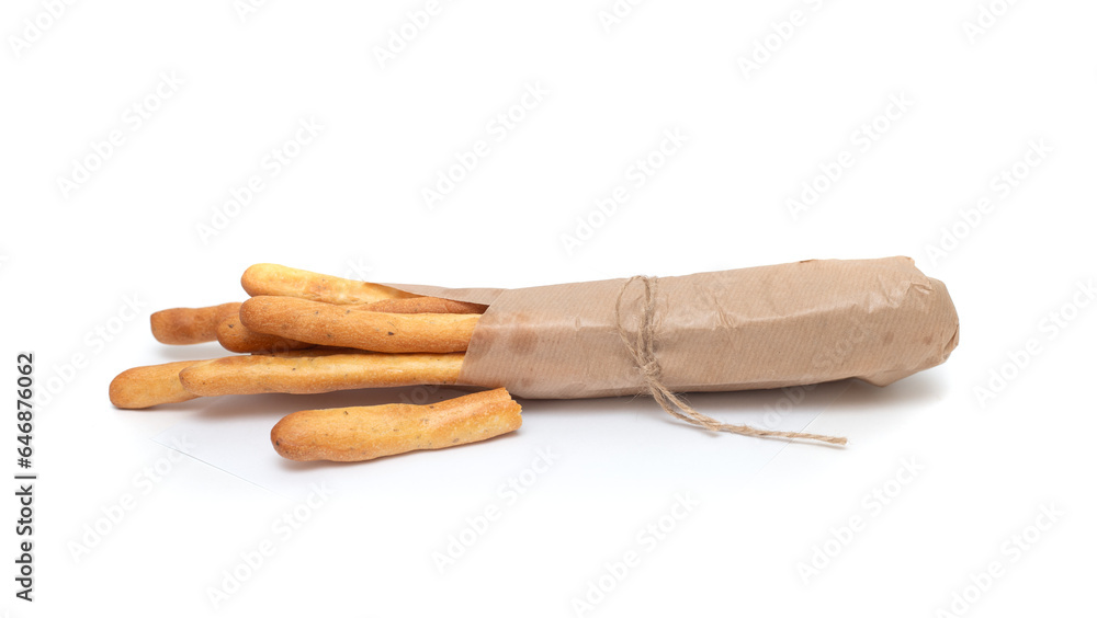 French bread in a paper bag on a white background French bread in a paper bag on a white background