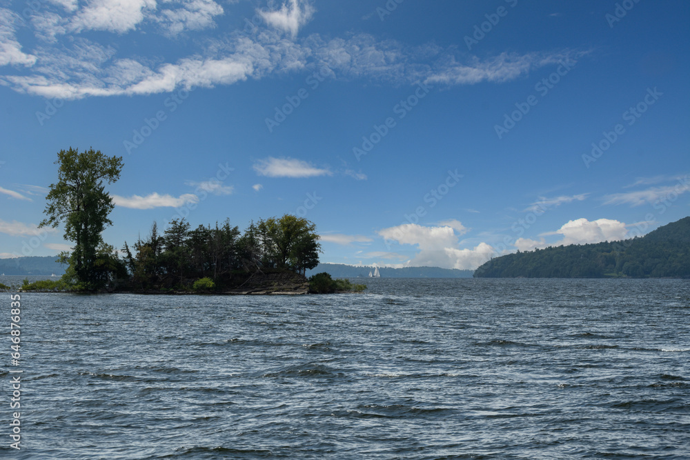 The Adirondack Mountains seen from a boat on Lake Champlain