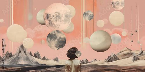 surreal landscape with planets , shapes and empty scene with pastel candy palette, wallpaper abstract theme concept